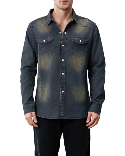 Owl's-Yard Men's Denim Button Down Shirts Solid Color Long Sleeve Lapel Denim Jacket Spring Autumn Casual Button Shirts