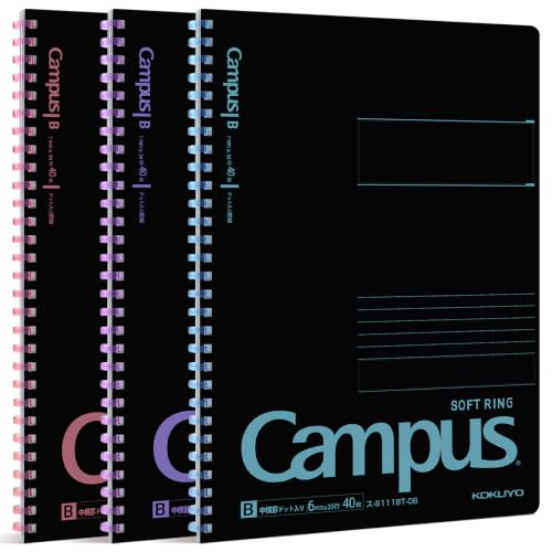 Image of KOKUYO Spiral Notebook Journal, Black 3 Pack Campus B5 Soft Ring Notebooks with Dotted B 6mm Rule, 40 Sheets, 1 Subject Notebook in Red Purple Green, College Office Note Taking. Japan Import