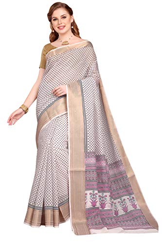 Image of RANI SAAHIBA Women's Poly Cotton Printed Saree With Blouse Piece (SKR6409 White-Black)