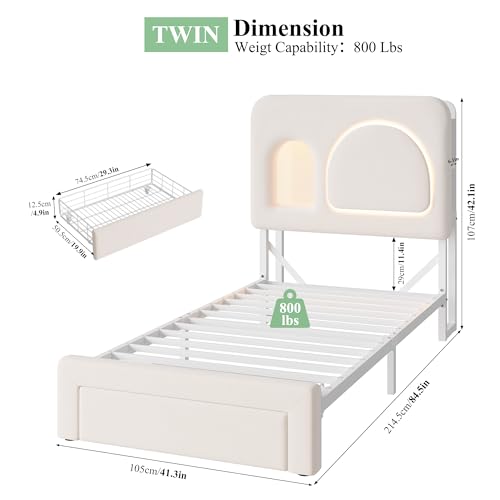 Image of Keyluv Twin Size LED Bed Frame with Storage Bookcase Headboard & Charging Station, Velvet Upholstered Platform Bed with Drawer & USB Ports, Sturdy Metal Support, No Box Spring Required, Beige