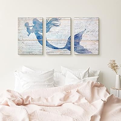 wall26 Canvas Print Wall Art Set Blue Watercolor Mermaid & Baby on Wood Panels Fantasy & Sci-Fi Wildlife Woodblock… 411qbbXZMSS. SS400