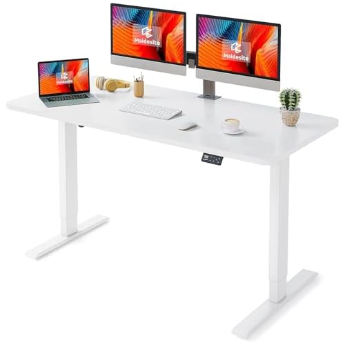 MAIDeSITe Höhenverstellbarer Schreibtisch 140 x 70 cm - Elektrisch Mit 4 LED Memory-Steuerung - Sitz & Stehpult Mit Tischplatte (S1 Pro) 140 x 70 cm Weiß Gestell+ Weiß