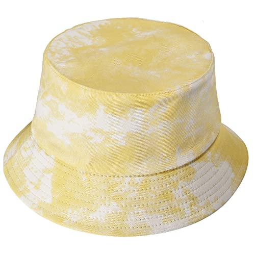 Tie Dye Yellow Bucket Hat for Women Reversible Sun Protection Hat Outdoor Bucket Hat Cotton Women Bucket Hats for Summer Gardening Hat, Yellow