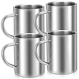 Exclaith 4 Set Stainless Steel Coffee Mug with Handle 13.5oz/400ml Unbreakable Double Wall Coffee & Tea Cup Stainless Steel Camping Travel Coffe Mugs for Home Camping Travel Outdoors