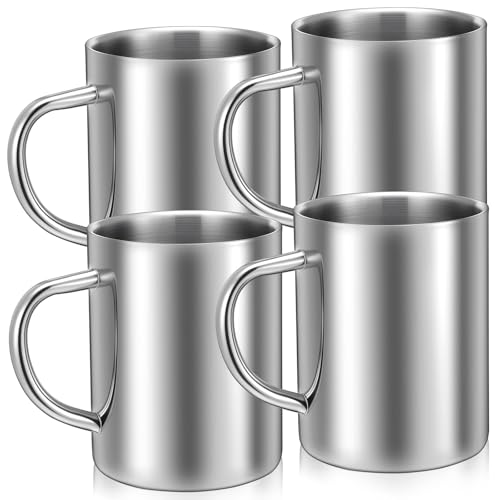 Exclaith 4 Set Stainless Steel Coffee Mug with Handle 13.5oz/400ml Unbreakable Double Wall Coffee & Tea Cup Stainless Steel Camping Travel Coffe Mugs for Home Camping Travel Outdoors