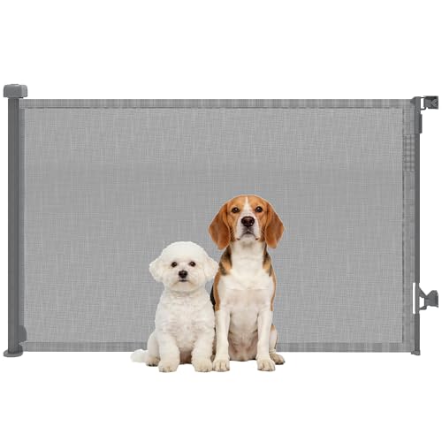 PawHut Barrera de Seguridad para Perros Retráctil, Extensible hasta 140 cm de Ancho y 93 cm de Alto, para Escaleras y Puertas, Valla para Perros Pequeños y Medianos, Uso con Una Sola Mano, Gris
