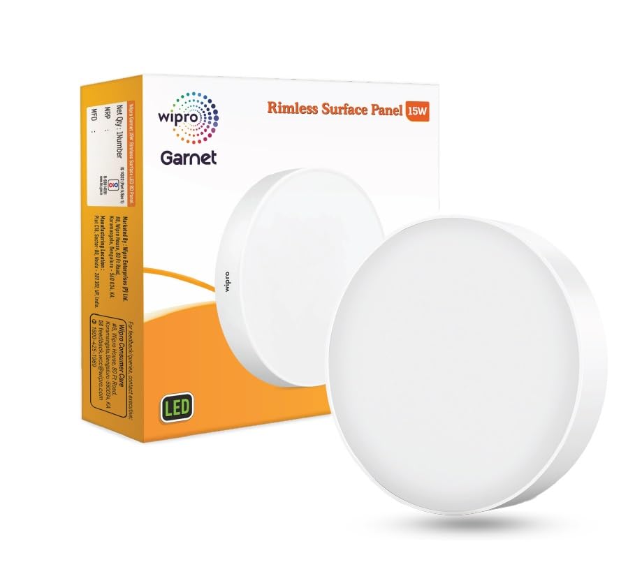 Image of wipro Garnet 15w Rimless Round LED Surface Panel | Cool Day White (6500K) | Elegant Rimless Design for Wider Spread of Light|Surface Mounted Led Down Light for Ceiling|Pack of 20