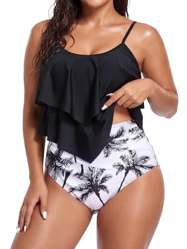 Image of Bathing Suits for Women High Waisted Swimsuits Tummy Control Two Piece Tankini Ruffled Top with Swim Bottom Bathing Suits