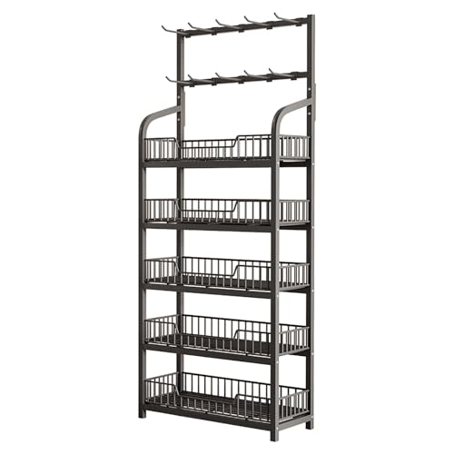 Commercial Retail Rack Display Stand 4 5 Layers, Supermarket Snack Shelf with 10 Chip Bag Hooks, Metal Convenience Stores Holder with Guardrail for Home/ Kitchen/ Pantry(Black,5-Tier L23.6in/60cm)