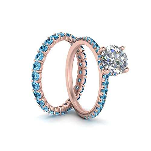 Image of Choose Your Gemstone Hidden Halo Diamond CZ Ring with Gemstone Band Rose Gold Plated Round Shape Wedding Ring Sets Minimal Modern Design Birthday Gift Wedding Gift US Size 4 to 12
