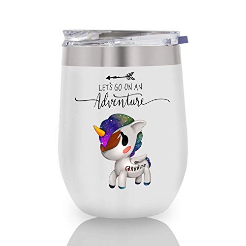 Chekue Insulated Wine Tumbler with Lid, Unicorn Stemless Stainless Steel Insulated Wine Glass 12oz, LET'S GO ON AN ADVENTURE Coffee Mug, for Champaign, Cocktail, Beer, Office use (White)