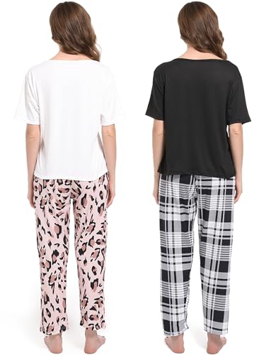 2 Pack Women's Pajama Sets Short Sleeve Tee Pants Pjs Plaid Leopard Lounge wear3