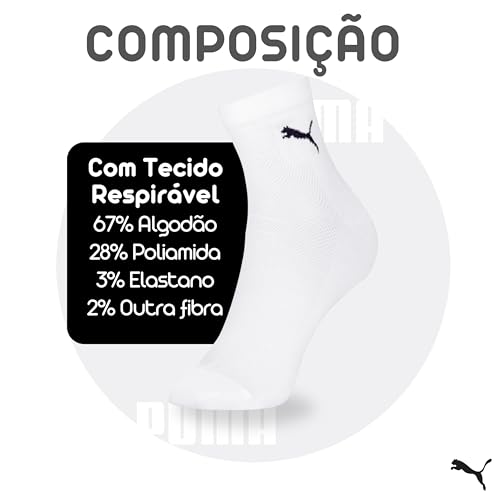 Meia Cano Médio Meia Puma Tecido Respirável Feminina Adulto - Kit com 6 Pares, 6 Branco, 34-39