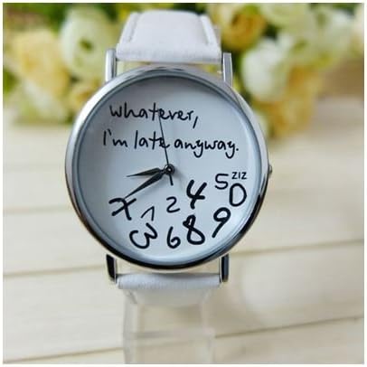 "Whatever, I'm late anyways" Unisex Leather Watch (White)