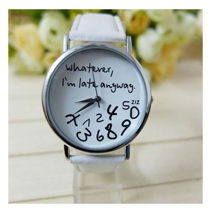 "Whatever, I'm late anyways" Unisex Leather Watch (White)