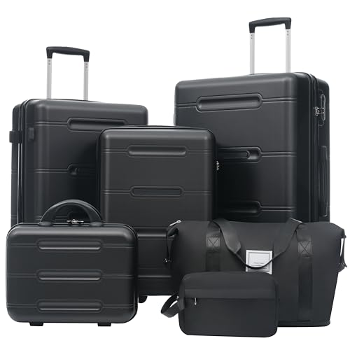 Image of 6 Pcs ABS Hardshell Luggage Set Spinner Wheel Suitcase Suitcase All Black