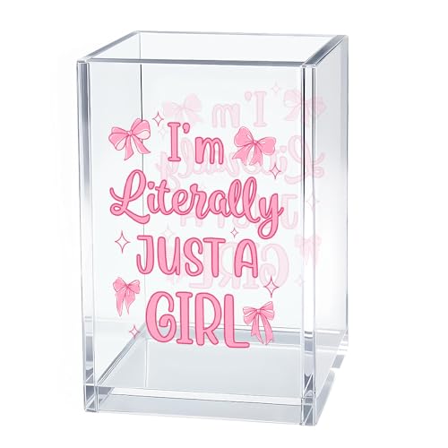 Image of I'm Literally Just A Girl Acrylic Cosmetic Organizer Pen Holder, Funny Acrylic Desk Holder Cup for Pen Pencil, Cute Office Gifts for Women Coworker, Pink Birthday Gifts for Bow Lover Daughter