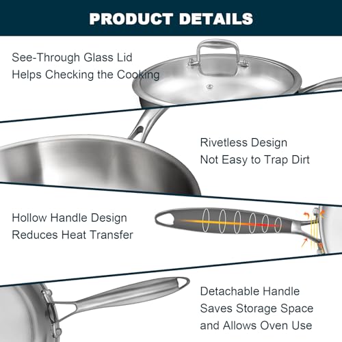 Image of Tri-Ply Stainless Steel Frying Pans Set with Lid, EWFEN 8 inch /10 inch /12 inch Cooking pans, PFOA&PTFE Free Skillet, Induction Cooking Pan, Dishwasher and Oven Safe, Fast & Even Heat, Suitable for All Stove