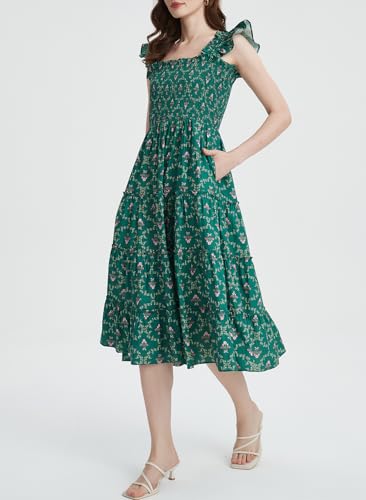 Ladyful Women's Floral Midi Dress Smocked Square Neck Boho Sleeveless Ruffle Strap Beach A-Line Flowy Sundress2