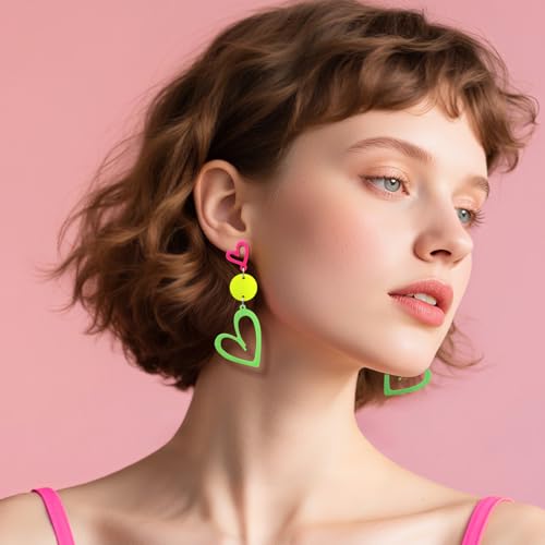 RechicGu 80s 90s Neon Heart Hoop Earrings for Glow Party, 70s Retro Outfit Jewelry Accessories Gift for Women,Acrylic Round Drop Dangle Earring for Halloween Costume Rose Red Green Yellow2