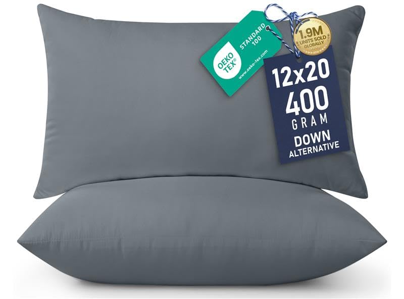 12x20 Pillow Inserts, Set of 2, Grey – Indoor Decorative Throw Pillows for Bed, Sofa & Couch – Soft, Supportive & Fluffy Cushion Inserts