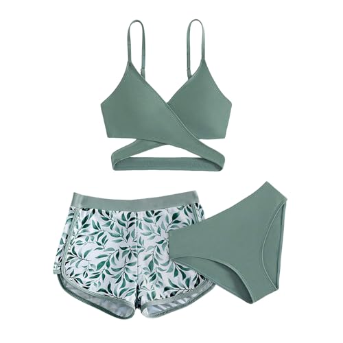 Teen Swimsuits for Girls Solid Color Crossover Bikini Sets with Shorts 3 Piece Bathing Suit Summer Beach Swimwear