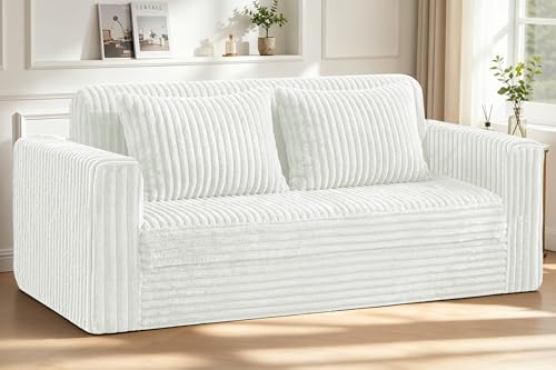 Image of HABUTWAY 68 inch Loveseat Boneless Couch, 4-in-1 Convertible Sofa Bed, Plush Fur Folding Futon Sofa Bed Couches with 2 Pillows for Living Room, High-Density Foam Support, No Assembly Required, Beige