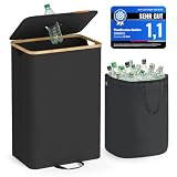 SONGMICS Pfandflaschen-Sammelbehälter, 95 L Pfandflaschen-Behälter, Flaschensammler Leergut, Recycling-Behälter, mit Loch, Deckel, Innensack mit Griffen, Küche, tintenschwarz-naturbeige RRB509B01