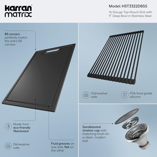Image of Karran Matrix 33 inch Top Mount Workstation Kitchen Sink, Double Bowl, 16 Gauge Stainless Steel, Includes Cutting Board, Drying Mat & Basket Strainers