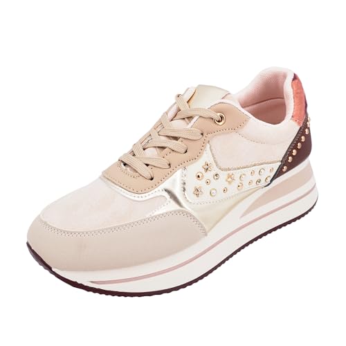 JOMIX Damen Sneaker Atmungsaktiv Leicht Laufschuhe Elegant Plateau Sportschuhe mit Strass Fitness Walking Turnschuhe Outdoor WSC255007 (Khaki, 36 EU)