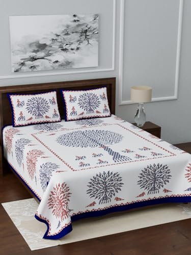 Image of LIVING ROOTS Jaipuri Hand Block Print King Cotton Bedsheet 86 * 104 inches (7 * 8.5 feet) with 2 Pillow Cover | 210 TC | Rich Fast Colour with No Colour Bleeding | (038-A)