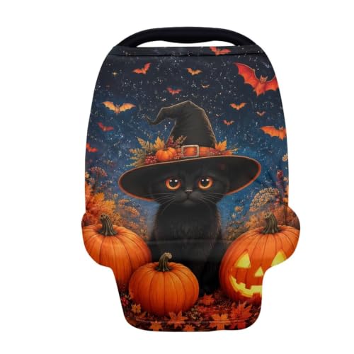 Image of Wanyint Baby Car Seat Cover Car Seat Canopy for Babies Boys Girls, Multi-Use Infant Breastfeeding Covers Nursing Scarf Halloween Decoration, Black Cat Witch Pumpkin Bat