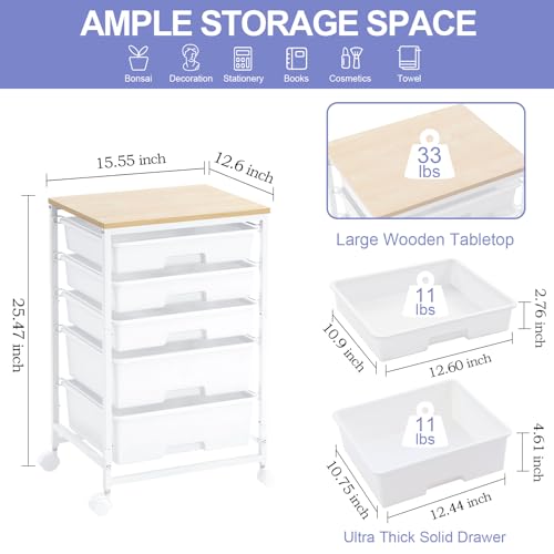 Image of SYKIARIOL Utility Cart with 5 Drawers,Storage Drawer Cart with Wooden Tabletop and Lockable Wheels,Craft Storage Trolley Cart,5-Tier Rolling Utility Cart on Wheels,Bright White