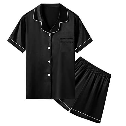 Image of Umeyda Women & Girls Pajamas Set, Soft Satin Lightweight Silk Button-Down Top with Shorts 2 Piece PJS for Mom Boys Kids Gifts