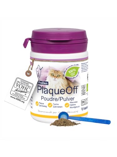ProDen PlaqueOff Pulver f&uuml;r Katzen Zahnpflege 40 g, nat&uuml;rliche Zahnreinigung, Zahnputzflocken f&uuml;r Katzen bei Zahnbelag und Mundgeruch, Zahnstein und Plaque Entferner