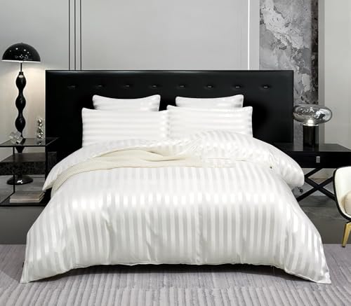 Gezu Housse de Couette 220x240cm Satin Blanc Brillant Deluxe Satin Rayé Parure de Lit 220x240 Doux Soyeux Soie Linge de Lit 2 Personnes Adulte avec Fermeture Éclair et 2 Taie d'oreiller 65x65