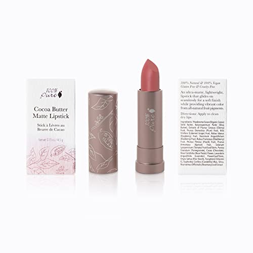 100% Pure Cocoa Butter Matte Lipstick Full Stay All Day Coverage, Lasting Moisturizing & Softening Natural Lip Color For All Skin Tones, Vegan Fruit Pigmented Pink Canyon (Dusty Pink) - 0.15 Oz #TOP1