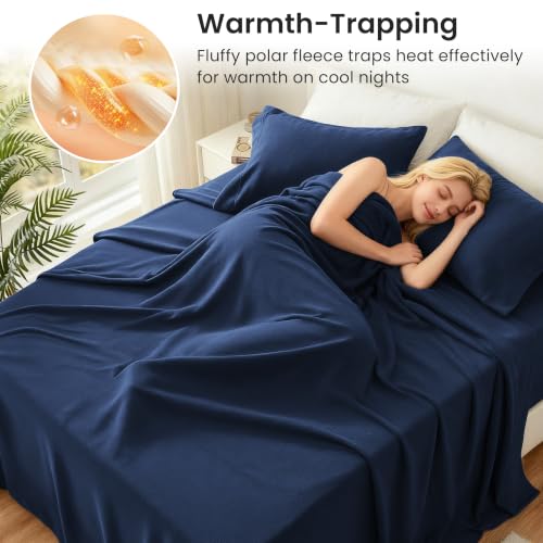 Image of Love's cabin Fleece Queen Sheet Set - 4 Pcs Dark Blue Winter Soft Plush Polar Fleece Bed Sheets Set with 16 inch Deep Pocket,Cozy Warmth for Cold Season(1 Flat Sheet,1 Fitted Sheet,2 Pillow Cases)