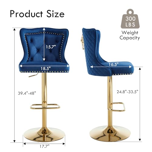 Butacos Giratorios Ajustables de Terciopelo, Juego de 6 Sillas Altas para Barra con Detalle de Anilla en Forma de León y Espalda Alta Acordonada, Estilo Moderno para Isla de Cocina, Azul Marino y Dorado miniatura 3