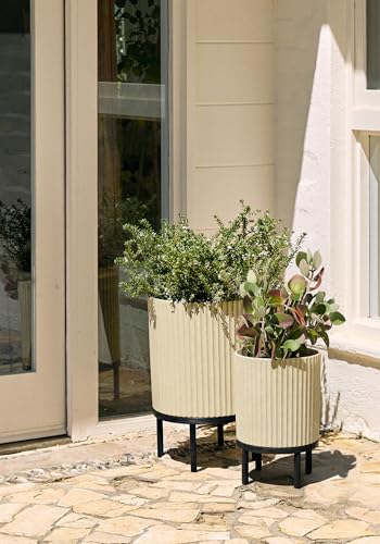 Image of Veradek Demi Series Raised Duo Planters - Set of 2 Planters with Stands | Made From a Durable Plastic-Stone Composite & Comes With Wooden Stand. Modern Porch /Patio Decor
