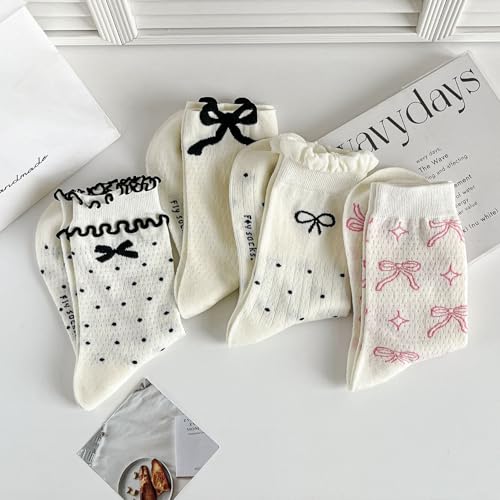 Image of Starella Women's Cute Bow Ruffle Frilly Socks Lace Polka Dot Casual Crew Sock for Flats 4 Pairs