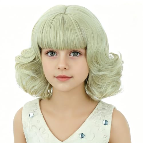 Blonde Kids Wig Short Curly Ash Blonde Bob Child Wigs with Bangs Synthetic Wigs with Wig Cap for Cosplay Party Costume