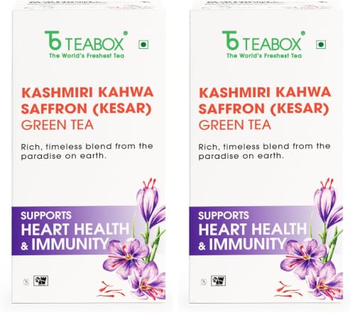 Image of Teabox Fresh Kashmiri Kahwa Saffron (Kesar) Green Tea | 25 Teabags | Green Tea Handblended with Natural Saffron, Almond, Cardamom & Cloves | With Natural Ingredients (Pack of 2)