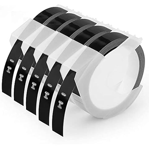 Oozmas Replacement for Dymo Embossing Label Tape 3/8 Inch 3D Plastic 1741670 White on Black for Dymo Organizer Xpress Tape 1540 1550 1570 Office Mate II 12965 DYM12966 Embossed Labels, 5-Pack Cover