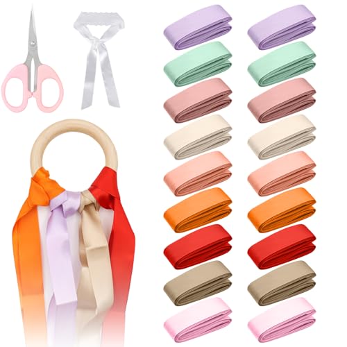 ZOCONE Kit Ruban Bouquet Mariée, Jeu du Ruban Mariage Comprennent 18 Ruban Satin Mariage, des Anneau Bois, Fard à Paupières en Dentelle et des Ciseaux pour...