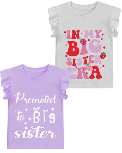 2 Pack Toddler Girl Big Sister Shirt Promoted to Big Sister Ruffle Sleeve Butterfly Strawberry Dino Outfit