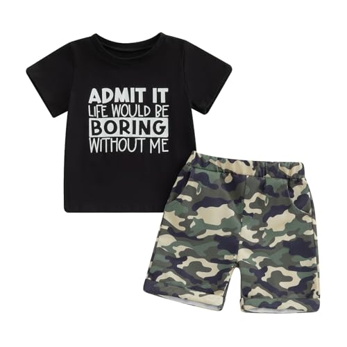 wdehow Toddler Kids Baby Boy Summer Clothes Sets 1T 2T 3T 4T 5T Letter Print Short Sleeve Tops Camouflage Shorts Outfits