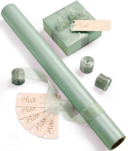 Vitalizart Salbeigrün Geschenkpapier 43 cm x 5 m Perlglanz-Geschenkpapierrolle & Organza-Bänder & Geschenkanhänger-Set für Valentinstag Hochzeit Geburtstag Weihnachten Babyparty