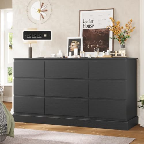 Hasuit - Cómoda moderna de recámara negro con 9 cajones, cómoda de 61 pulgadas de ancho con almacenamiento de gran capacidad, soporte de TV largo con tomas de corriente, clóset de almacenamiento