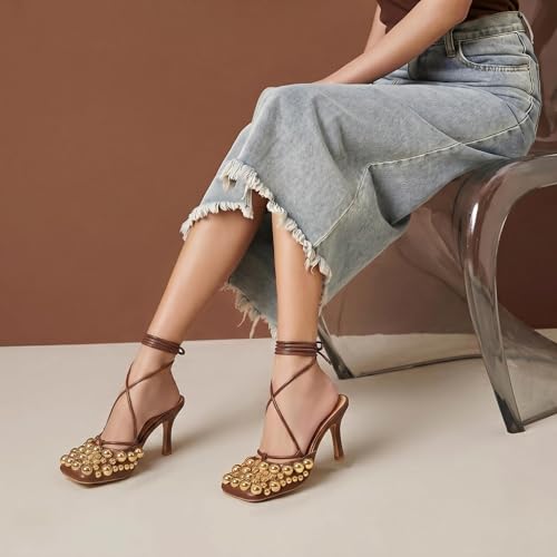 Image of Saint Leia Women's 4IN High Heel Sandals Nude Stiletto Pumps with Gold Silver Pearls Heels for Weddings Parties and Evening Wear